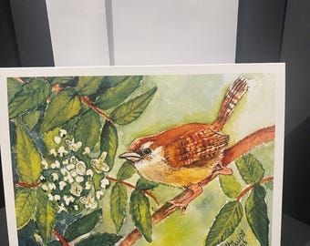Carolina Wren Watercolor Art Card, Bird and Flower Print (5x7 Blank Card)