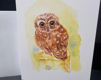 Northern Saw Whet Owl greeting card, watercolor print, 5 by 7 with blank inside