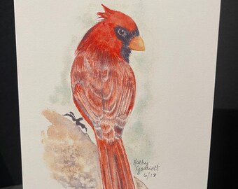 Mr. Cardinal greeting card, print from original watercolor, 5 by 7, blank inside