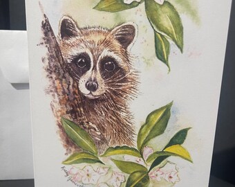 Raccoon greeting card, 5 by 7 watercolor print, blank inside