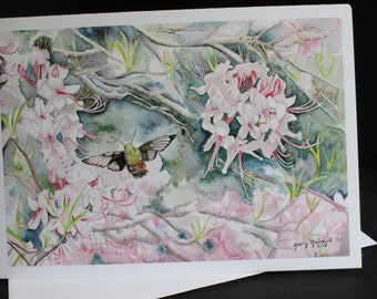 Wild Pink Azalea and Hummingbird Moth Watercolor Greeting Card
