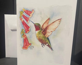 Hummingbird and Trumpet Vine greeting card, watercolor print, 5 by 7 with blank inside
