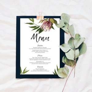 Plantilla de menú de boda, Menú imprimible Protea, Menú de recepción, Impresión DIY, Menú A5 o DL, Tarjeta de menú de boda imprimible, PDF, Floral, Australiano