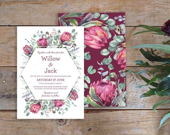 Wedding Invitation, Protea Wedding Invitation, Australian Native Flowers Wedding Invitation, Eucalyptus Leaves Wedding Invitation, Rustic