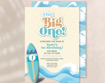 Retro Surf Birthday Invitation – Beach Boy First Invite (Digital Download)