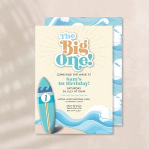 First Birthday Surfing Invite, The Big One Invite, 1st Birthday invitation, Surfing First Birthday Invite, Wave Birthday Invite