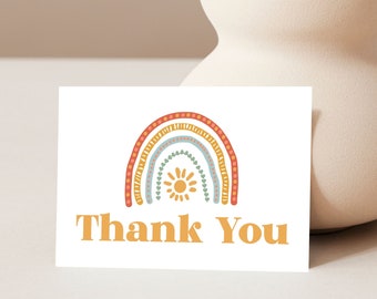 Rainbow thank you card, Baby shower thank you card, Printable thank you card, Boho Thank you card, Retro Thank you card, Sun thank you card