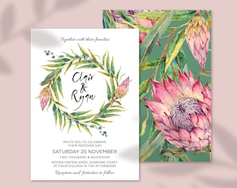 Protea Wedding Invitation: Australian Native Flowers, Eucalyptus (Printable PDF)
