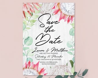 Wedding Save the Date Invitation, Protea Flower invite, White Protea Invite, Australian, Native Flowers, Eucalyptus Invite, Rustic Invite