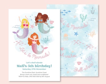 Mermaid Birthday Invite, Mermaid Invitation, Let's be Mermaids Birthday Invitation, Custom Age Birthday Invite, Girl Birthday Invite