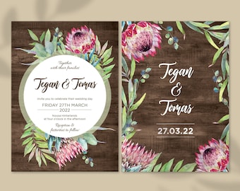 Protea Wedding Invitation Set: Rustic Eucalyptus (PDF Files)