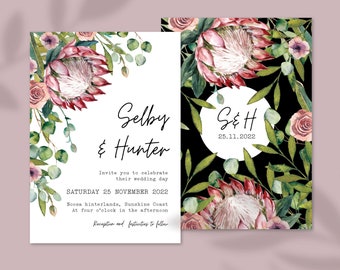 Protea Wedding Invitation: Eucalyptus Greenery, Australian Natives (PDF)