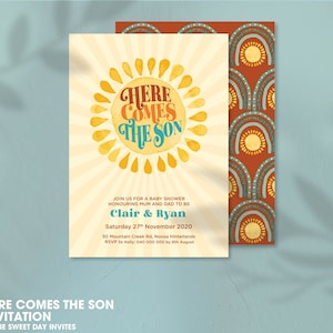 Retro Boy Sunshine Baby Shower Invitation, Here comes the son invite, Rainbow Baby Shower Invite, Boy Baby Shower Invitation, Boy invite