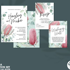 Banksia Hochzeitseinladung, Australische Native Hochzeitseinladungsset, Eukalyptusblätter Einladung, Grüne Hochzeitseinladung, Rustikale Einladungskarte
