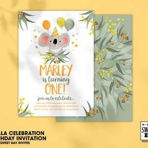 Koala 1st Birthday Invite, Australian animals 1st Birthday Invitation, Eucalyptus invite, Australian Kids Birthday Invite, Gender neutral