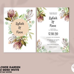 May include: A double-sided wedding invitation with a watercolor floral design featuring proteas and eucalyptus. The invitation reads "Lylah & Finn" and includes the wedding date "17.10.20" and the location "Winchelsea Tea Rooms, Winchelsea, VIC, Australia".