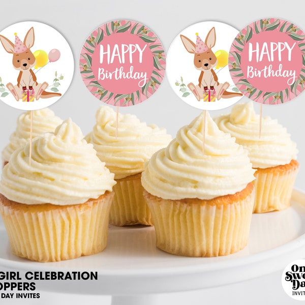 Kangaroo Birthday Cupcake Toppers, Printable Cupcake Topper, Pink Cupcake topper, Eucalyptus birthday Cupcake topper