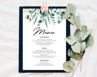 Printable Wedding Menu, Eucalyptus Leaves, A5 Menu, Reception Menu, Gum Leaves, Plate Menu, Wedding Menu, Event menu, Greenery Menu