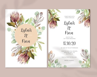 Protea-Hochzeitseinladung: Rustikale einheimische Blumen (PDF Files)