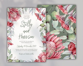 Protea Wedding Invitation: Rustic Australian Native Design (Printable)