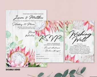 Protea Wedding Invitation Set: Australian Flora, Eucalyptus (PDF Files)