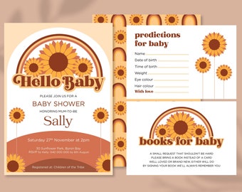 Retro Baby Shower Invitations, Rainbow baby shower Invitation, Boho Baby Shower Invite, Hello Baby Invite, Sunflower Baby Shower Invitation