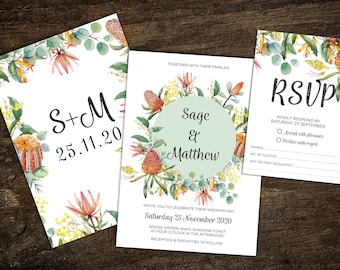 Australische Blumen-Hochzeitseinladung (druckbare PDF-Datei)
