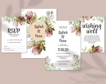 Protea Wedding Invitation Set: Rustic Eucalyptus (PDF Files)