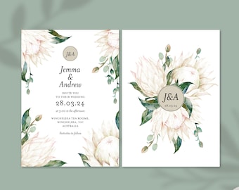 Hochzeitseinladung White Protea: Greenery Eucalyptus Floral (PDF-Dateien)
