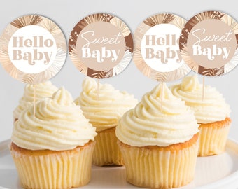 Boho Baby Shower Cupcake Toppers, Neutral Colors Printable Cupcake Topper, Instant download