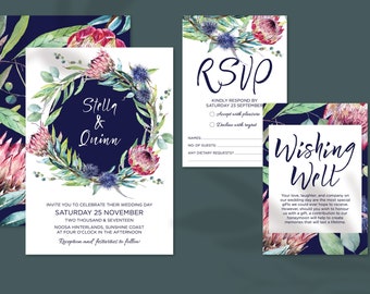 Protea Hochzeitseinladungs-Set: Blumen aus Australien (PDF-Dateien)