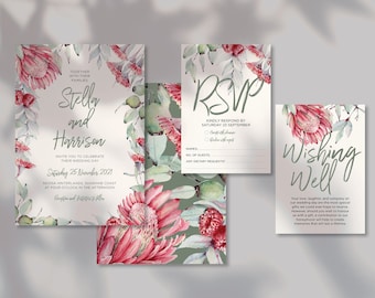 Protea Wedding Invitation Set: Rustic Australian Native Design (Printable)