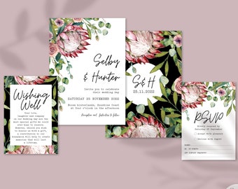 Protea Wedding Invitation Set: Eucalyptus Greenery (PDF Files)