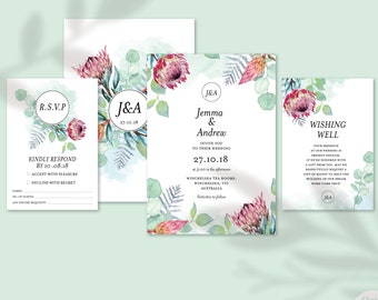 Wedding Invitation Printable, Protea, Australian, Native Flowers, Eucalyptus Leaves, Watercolour, Ferns, Nature wedding