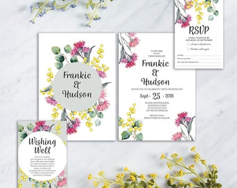 Invitación de boda con flores de acacia y eucalipto (PDF imprimible)