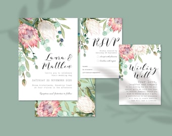 Invitación de boda con proteas: flora australiana y eucalipto (PDF imprimible)