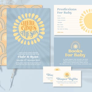 Here Comes the Son Baby Shower Invitation Boy | Retro Sunshine Baby Shower Invite | Editable Boho Blue Baby Shower Printable Template