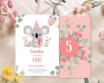 Koala Girl Birthday Invitation: Australian Floral Theme (Printable)