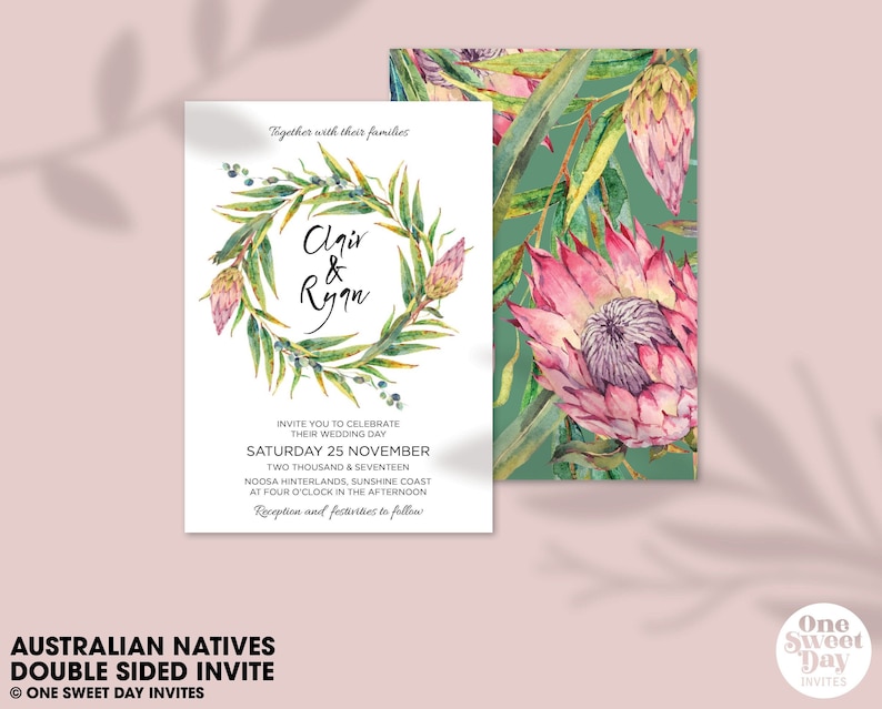 May include: Double-sided wedding invitation featuring watercolor illustrations. The front displays a floral wreath with the names "Clair & Ryan" and event details. The back showcases a protea flower design on a green background. The text reads "Australian Natives Double Sided Invite."