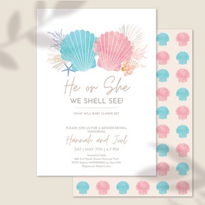 May include: A gender reveal invitation featuring a watercolour illustration of seashells, a starfish, and palm leaves. The text reads "He or She We Shell See!" and "Hannah and Joel".