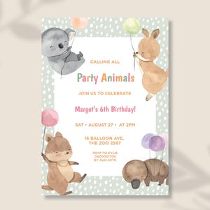 Girls Australian Animal Birthday Invitation | Koala Kangaroo Platypus Pastel Theme | Editable Aussie Wildlife Party Invite Template