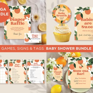 Editable Orange Citrus Baby Shower Bundle Pack, Baby shower games, A little Cutie Editable Template, Baby Shower Signs, Corjl Template