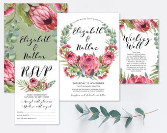 Protea Hochzeitseinladung: Australisches Ureinwohner-Grün (PDF)