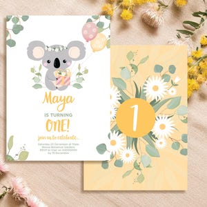 Invitation d'anniversaire de fille de koala, invitation d'anniversaire animal australien, 1er anniversaire d'invitation, eucalyptus, invitation d'anniversaire australien, âge personnalisé