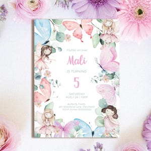 Butterfly and Fairy Birthday Invitation, Girls Floral Garden Party Invite, Whimsical Party, Enchanted Garden, Woodland, Editable Template