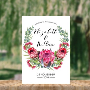 Protea Wedding Welcome Sign: Australian Floral Wreath (Printable)