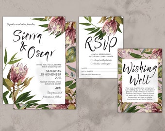 Protea Hochzeitseinladungs-Set: Australische Flora (druckbare PDF)