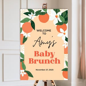 Zitrus Orange Baby Brunch Willkommensschild Vorlage, bearbeitbares Babyparty Citrus Zeichen, Corjl Willkommensschild