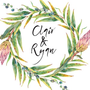 May include: Watercolor wreath with green leaves, blue berries, and pink protea flowers. The names "Clair & Ryan" are written in black script within the wreath, perfect for wedding invitations or announcements.