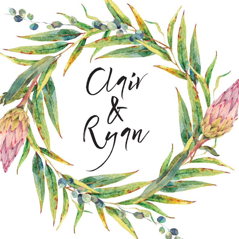 May include: Watercolor wreath with green leaves, blue berries, and pink protea flowers. The names "Clair & Ryan" are written in black script within the wreath, perfect for wedding invitations or announcements.